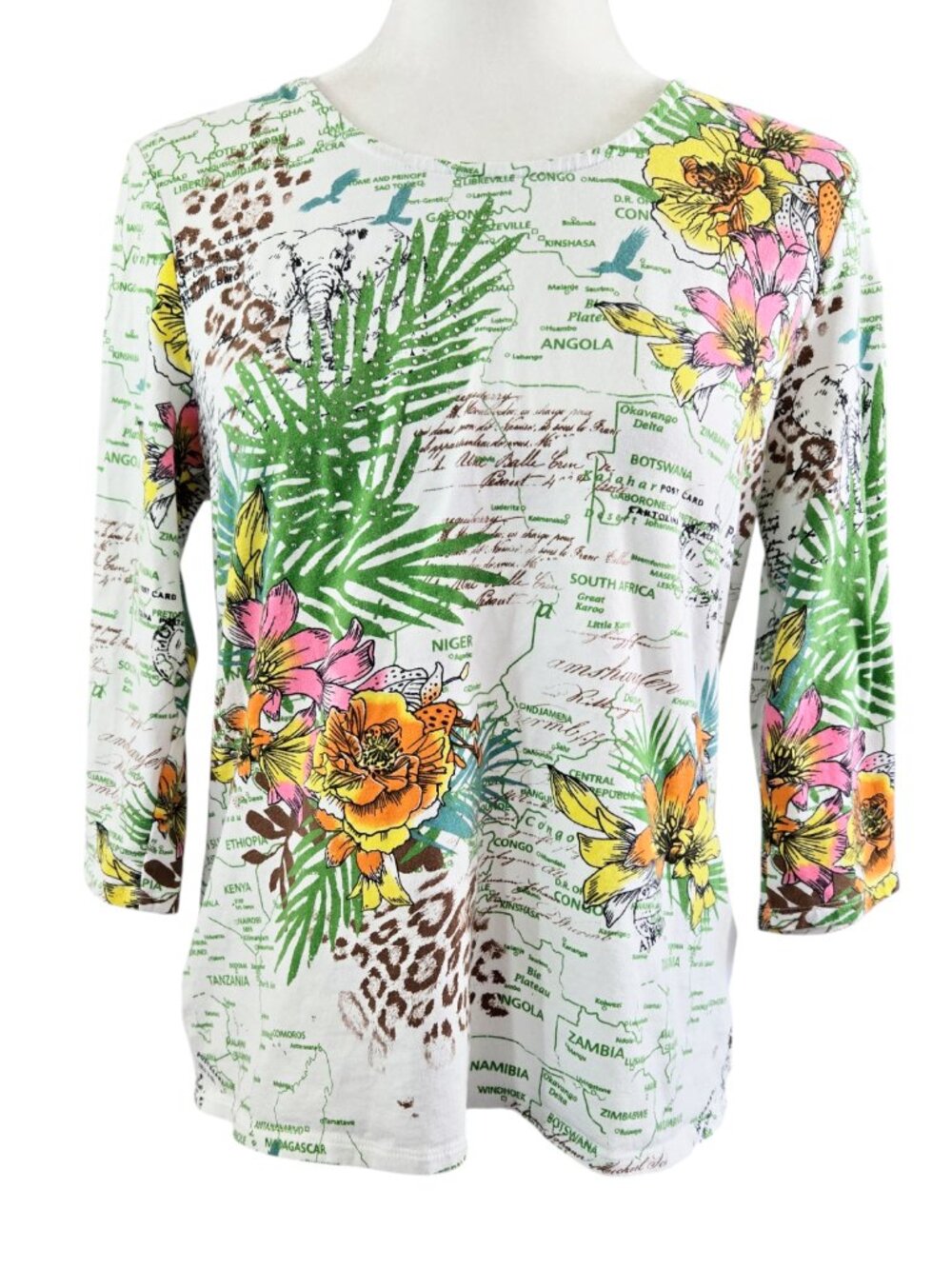 Christopher & Banks Floral Leopard Print Africa Art to Wear Top Exotic Safari